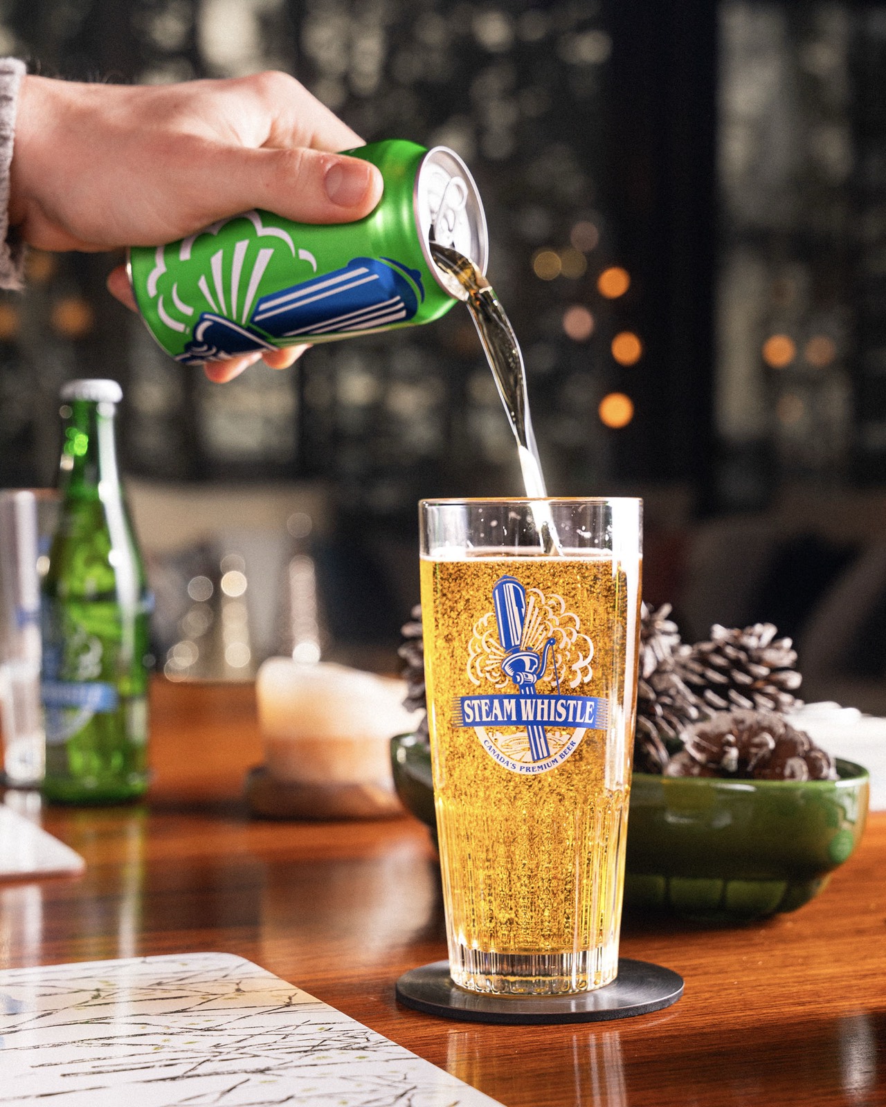 Cozy cottage interior styled with beer and warm holiday light