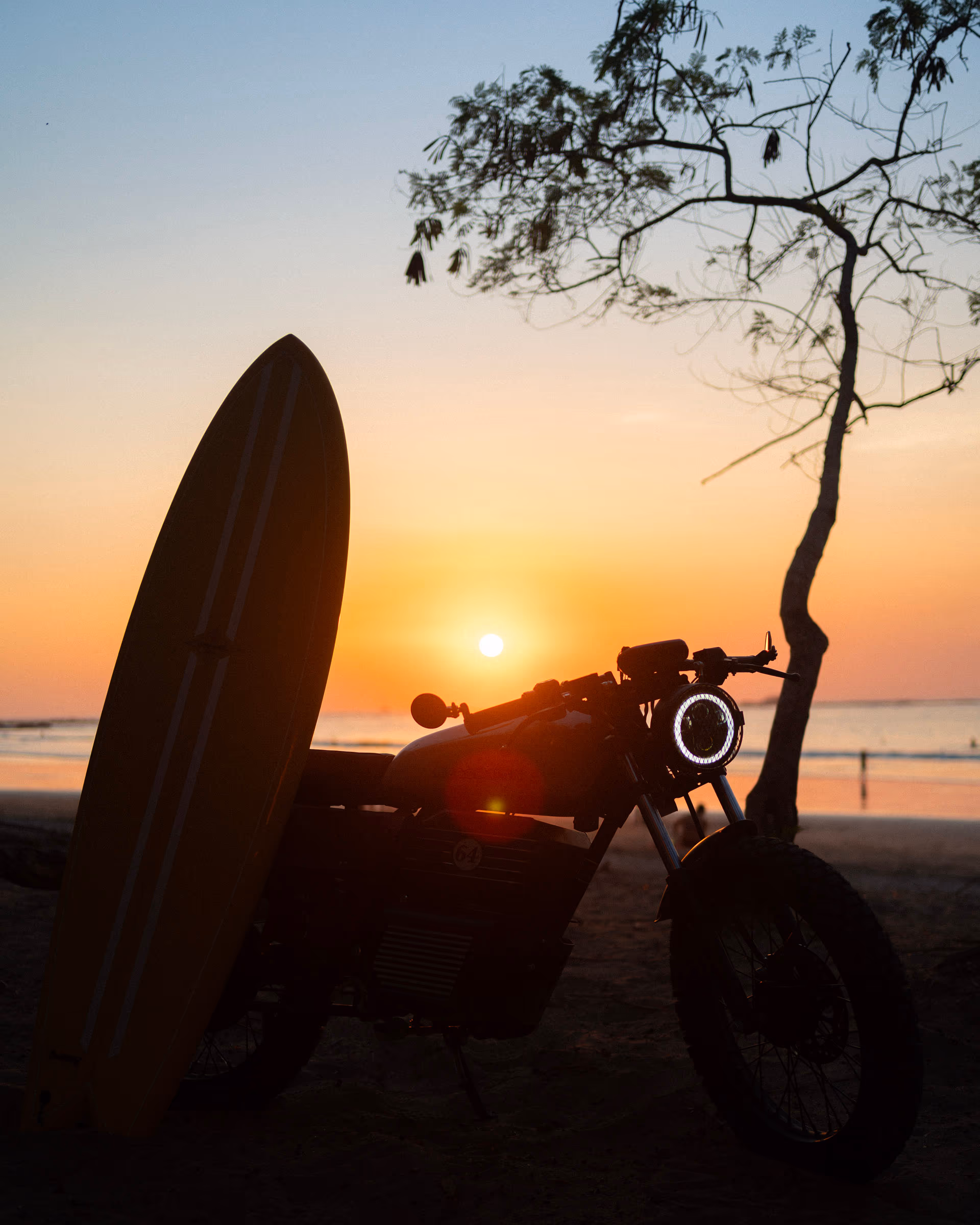 A silhouette at sunset — bike and surfboard against the tree line