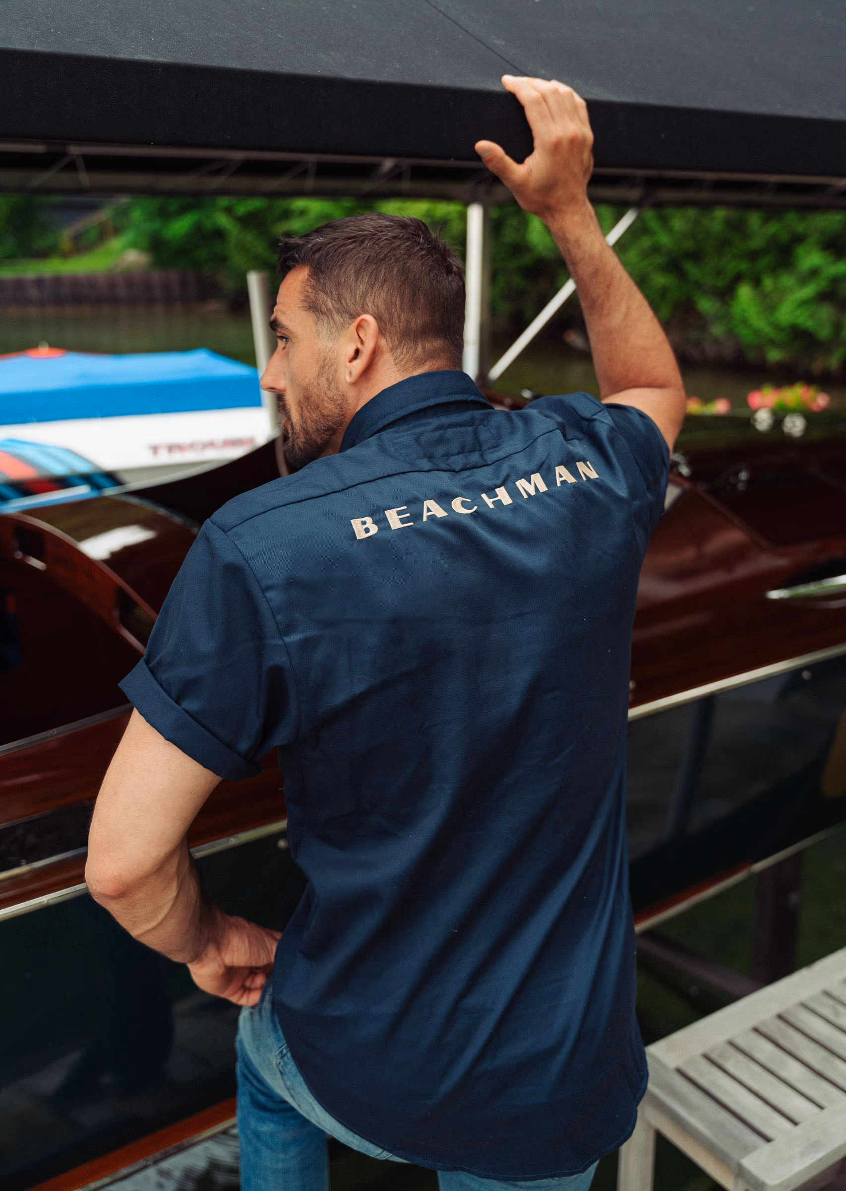 The back of the Beachman work shirt, boat at the dock