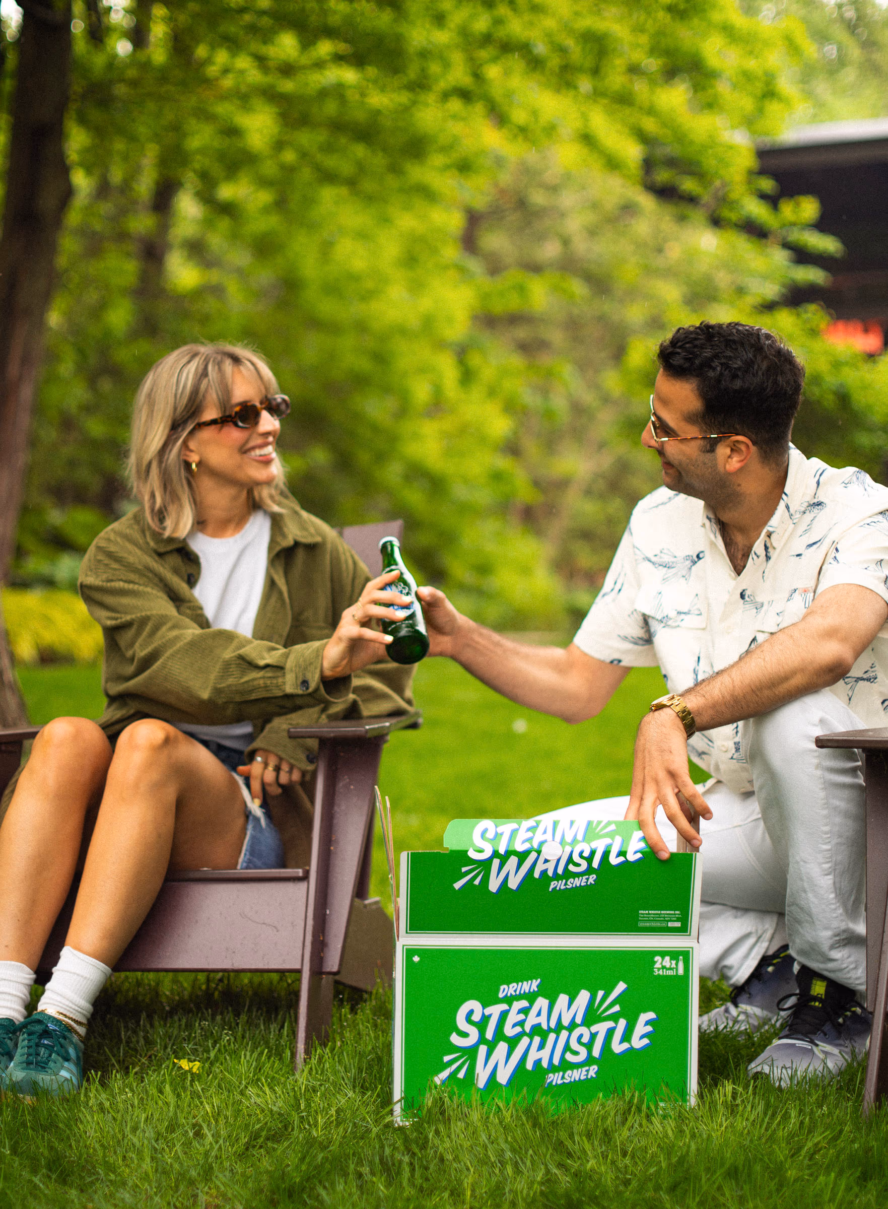A first bottle on the lawn chairs outside